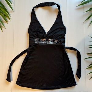 Y2K Vintage GUESS Jeans Black Halter Top – Sequin Beaded Partywear – XS